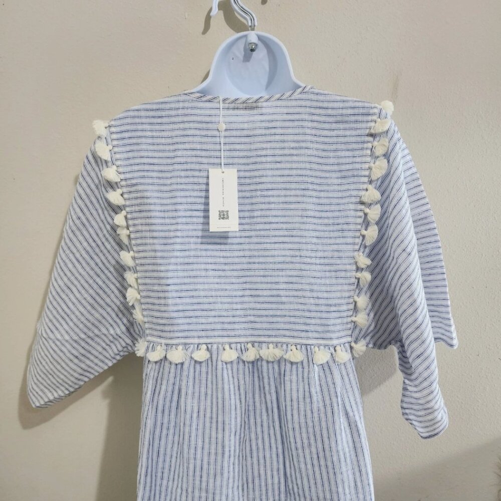 Tory Burch Women's XS Striped Tassel Midi Caftan MSRP $328 Dress In Ivory Blue - Picture 6 of 14